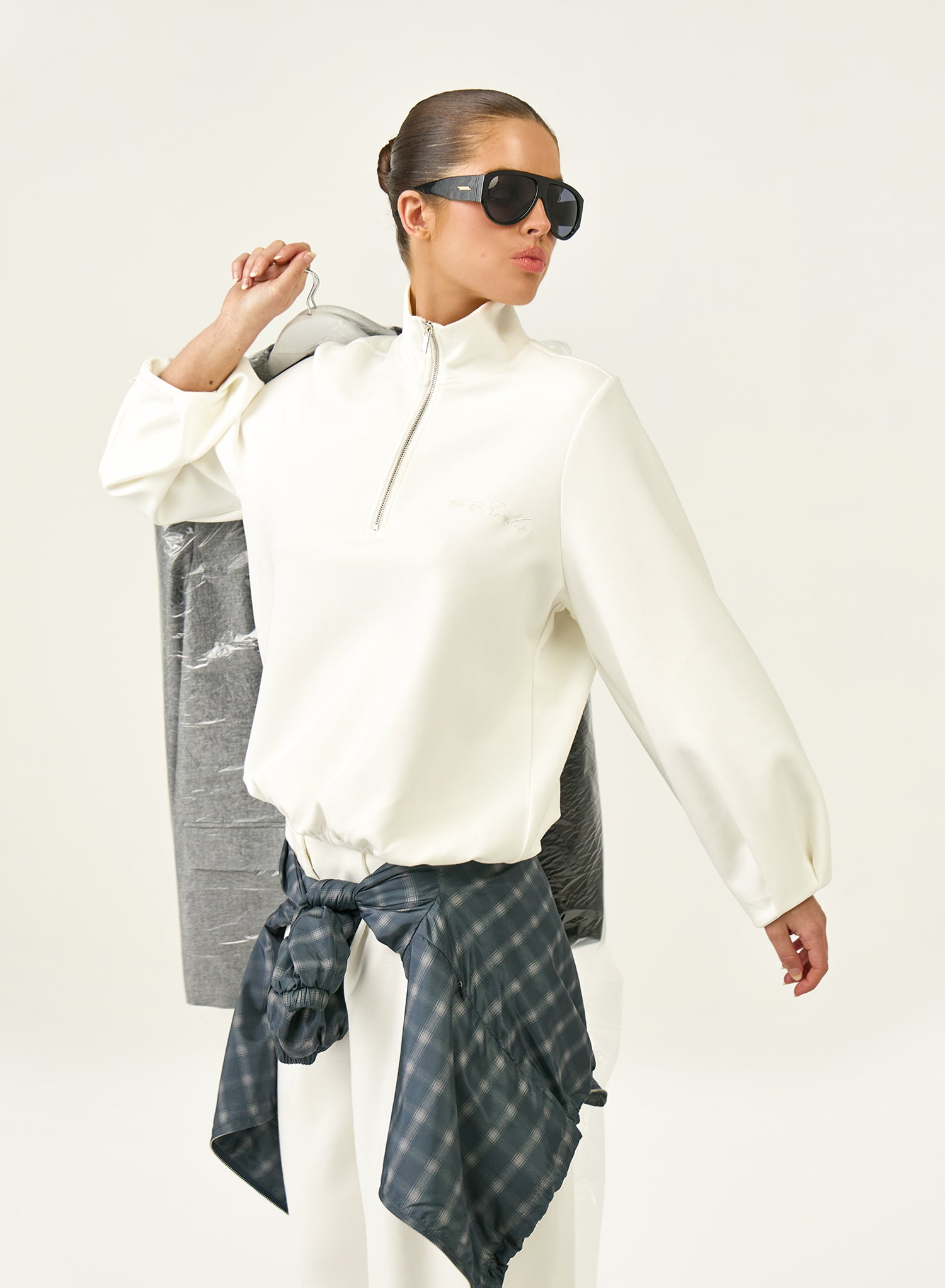 Cream Funnel Neck Quarter Zip Sweatshirt